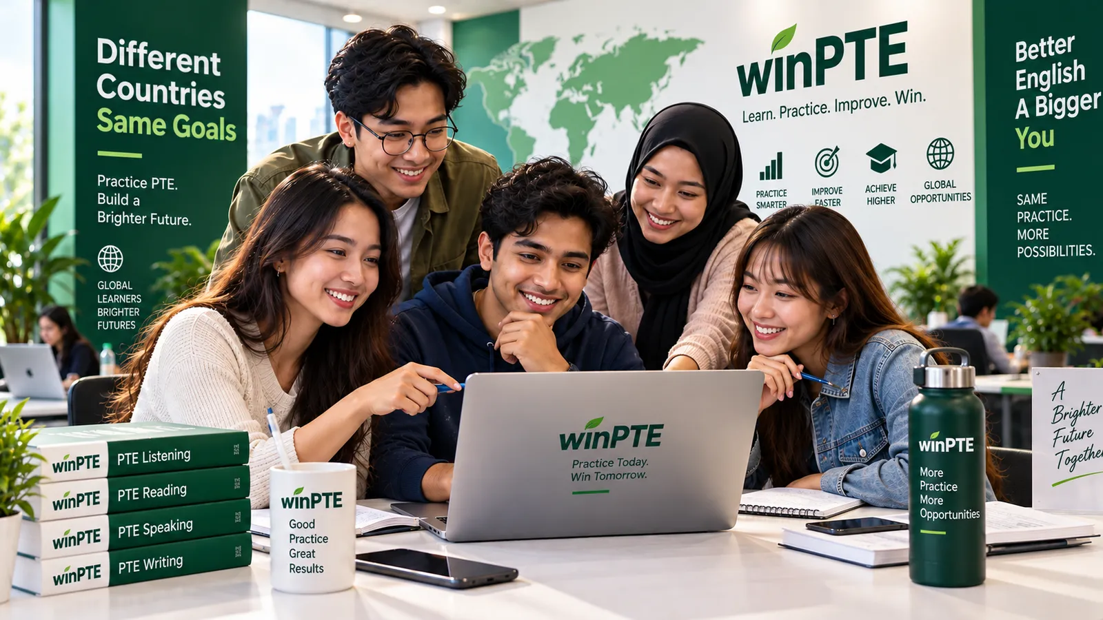 Illustration: five students from different countries around one laptop, working through a task together