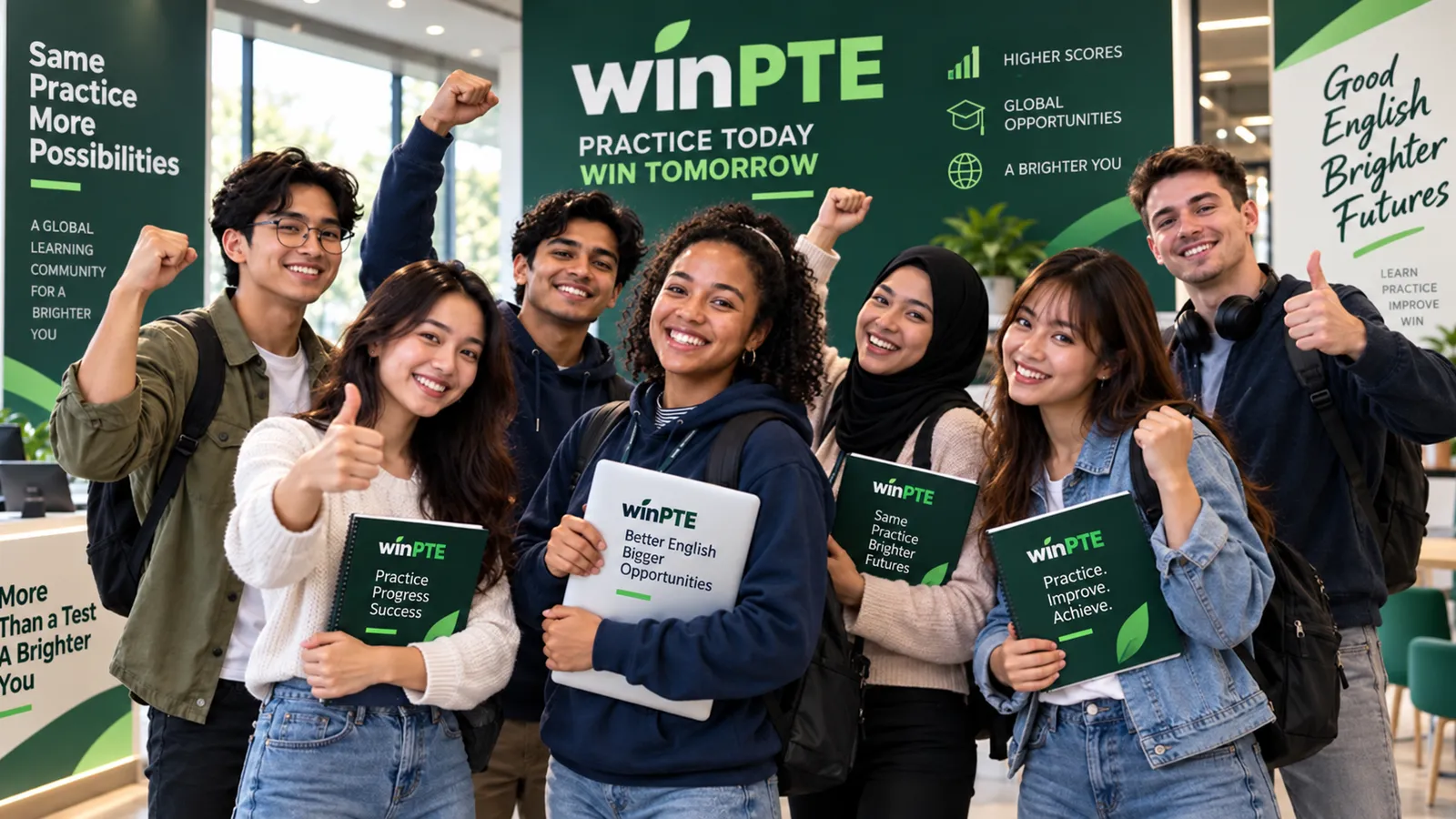 Illustration: a group of students from several countries celebrating together, notebooks in hand